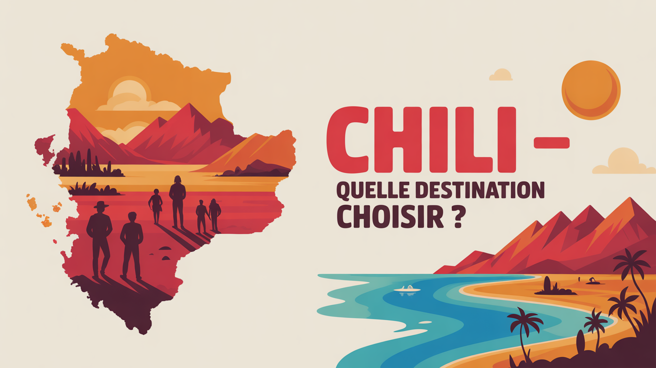 carte stylisee du Chili avec voyageurs et paysages