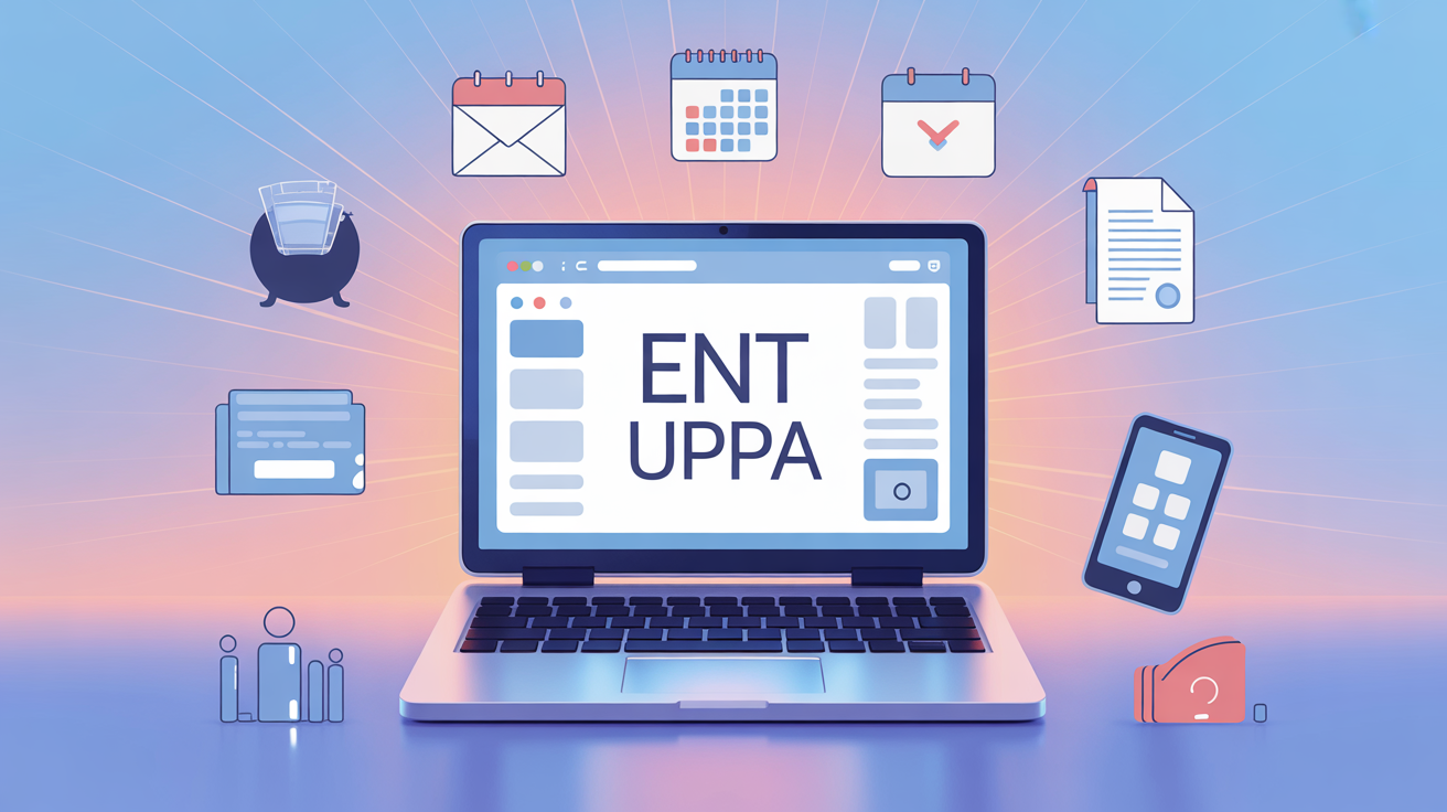 Illustration ENT UPPA, ordinateur et icônes services étudiants