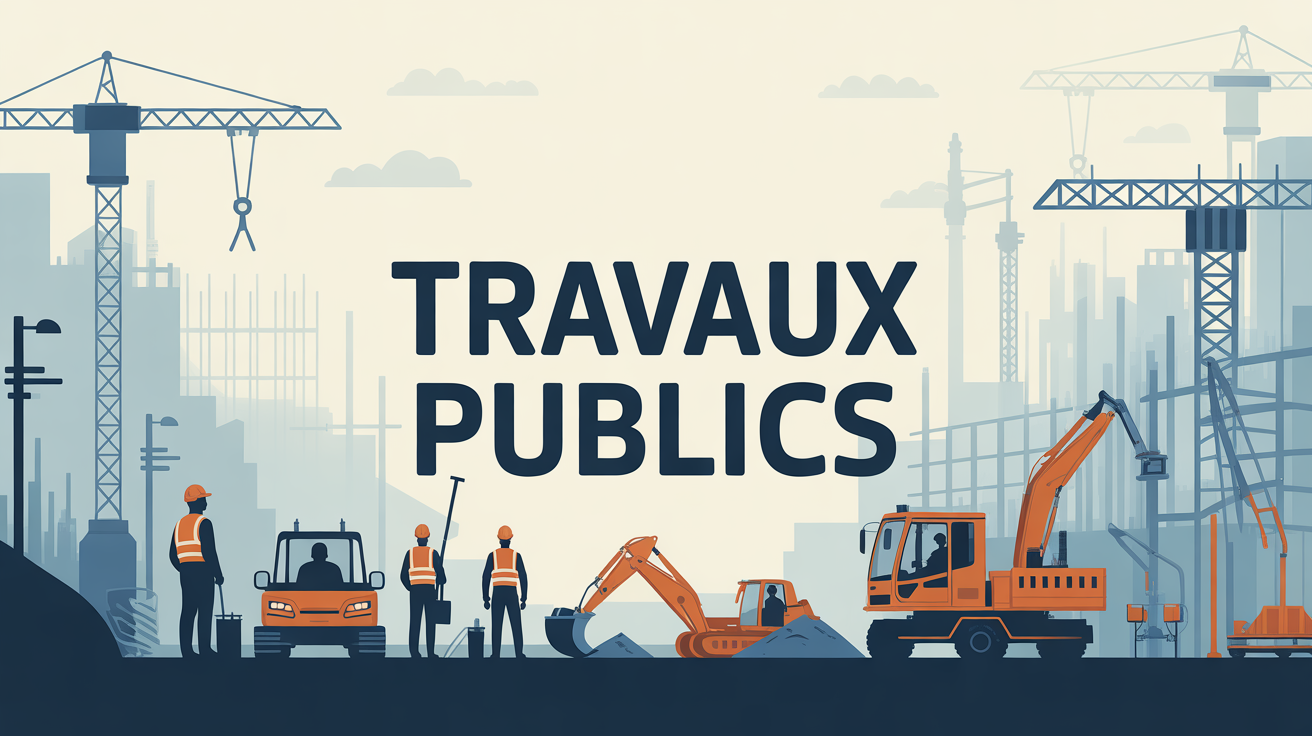 Vue chantier travaux publics silhouettes ouvriers grues engins
