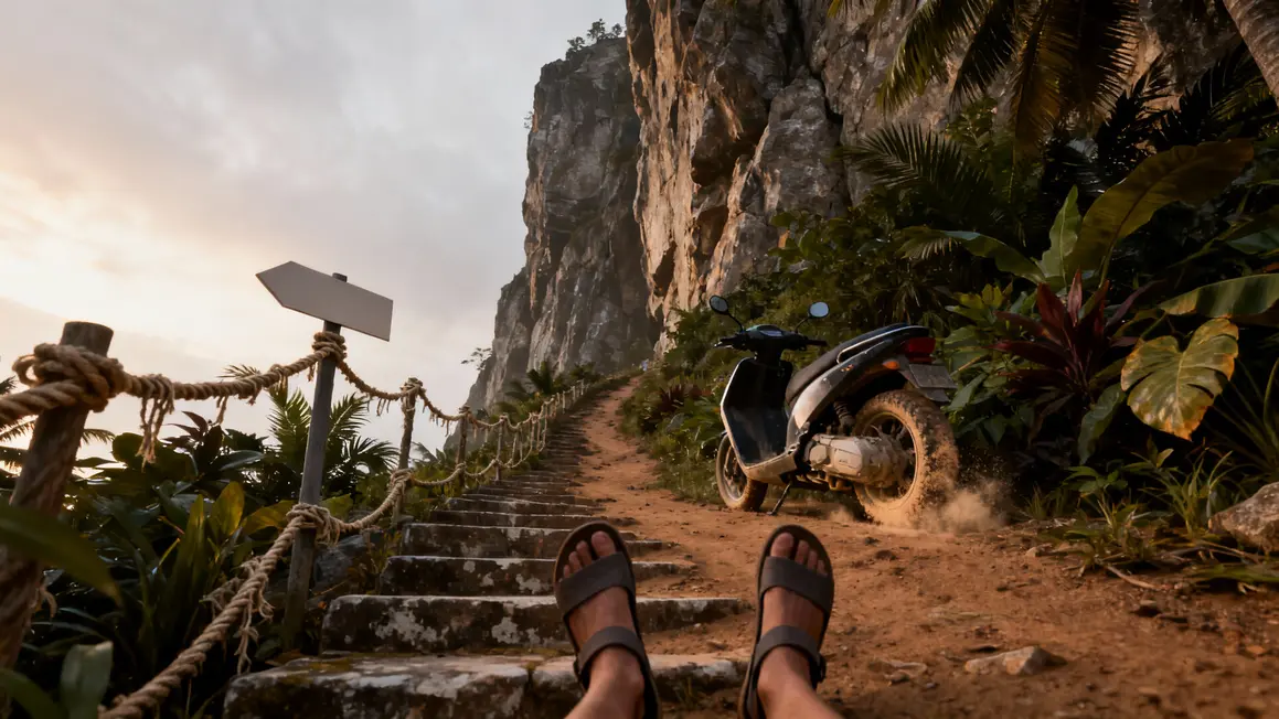 chemin escarpé diamond beach nusa penida scooter et randonneurs