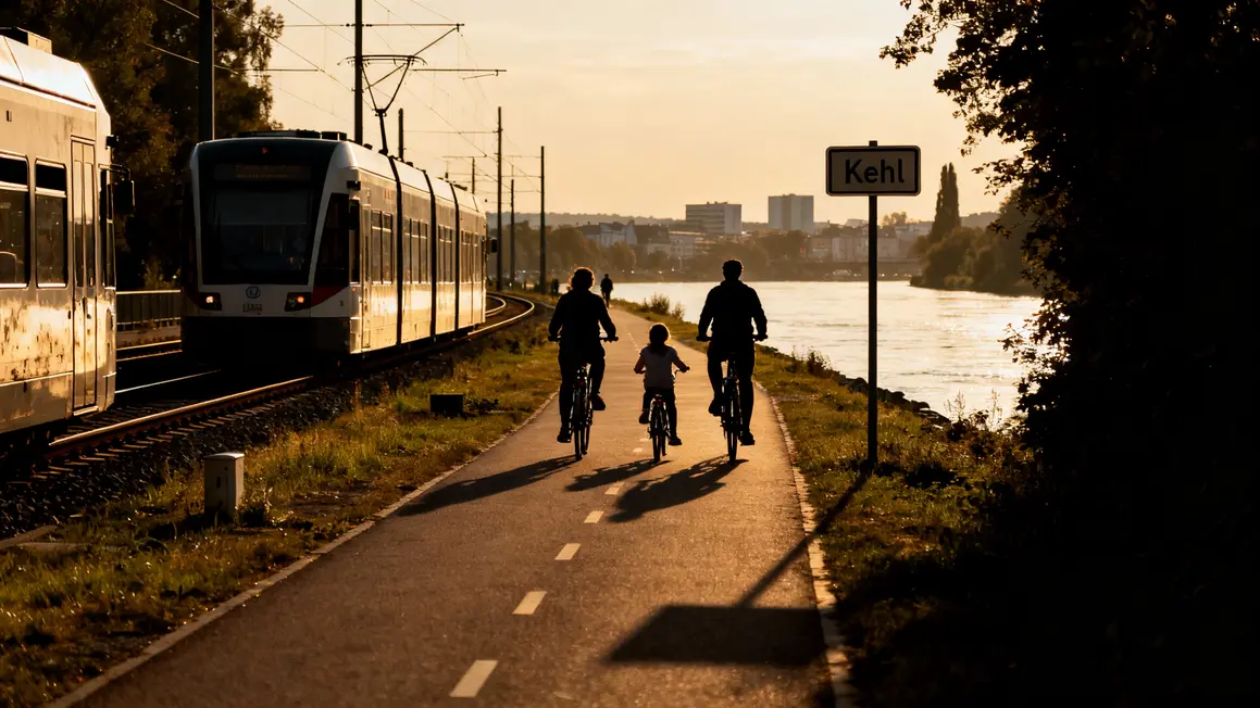 Accès à Kehl tramway vélo famille côté Rhin