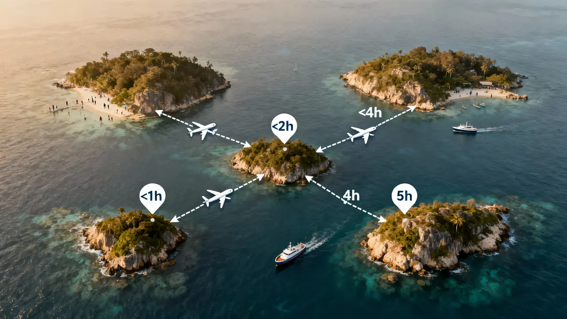Carte des liaisons avion et ferry entre les archipels de Polynésie
