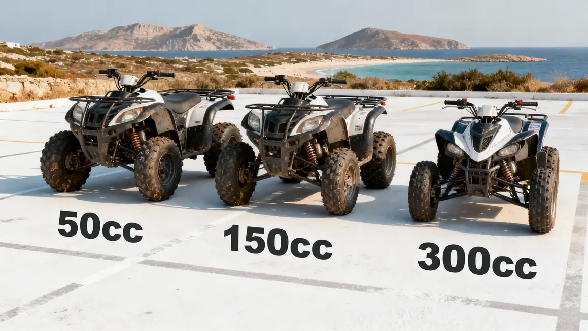 Trois quads alignés 50cc 150cc 300cc sur parking à Mykonos