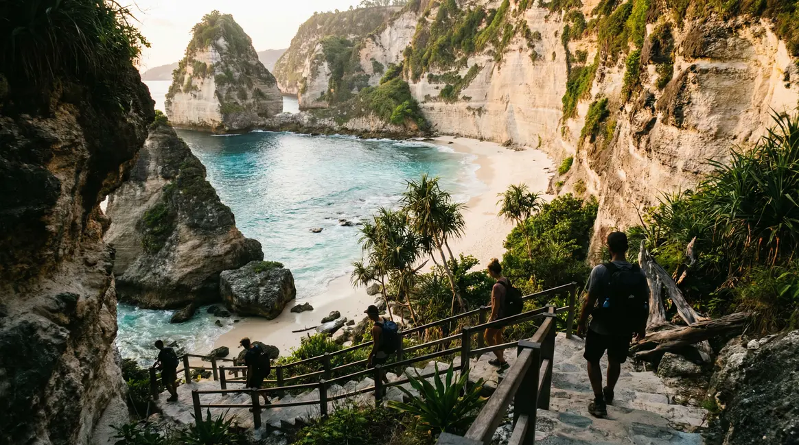 diamond beach nusa penida plage vue depuis escaliers falaises et mer turquoise