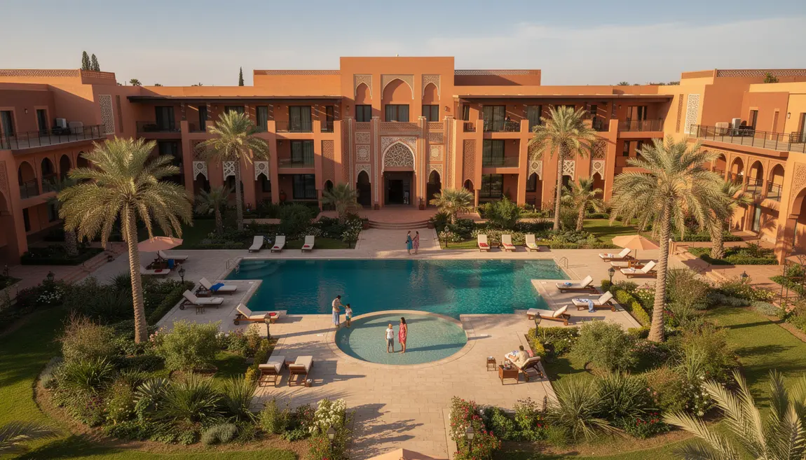 Vue aérienne hotel moderne piscine Marrakech