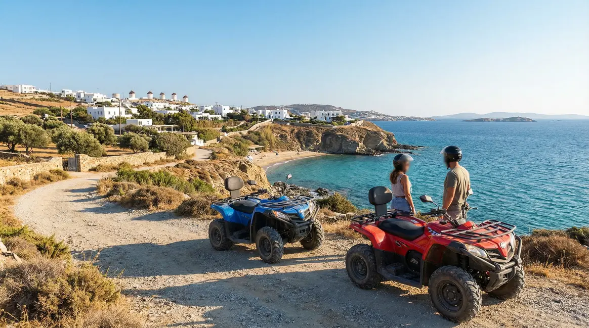 Deux quads sur route bord de mer à Mykonos, vue village blanc et plage