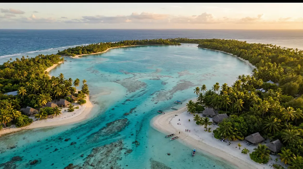 Vue aérienne de Mataiva, lagon turquoise et plages sable blanc