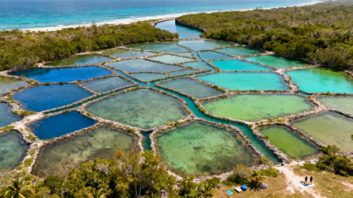 Lagon de Mataiva vu du ciel, réseau de bassins et chenaux