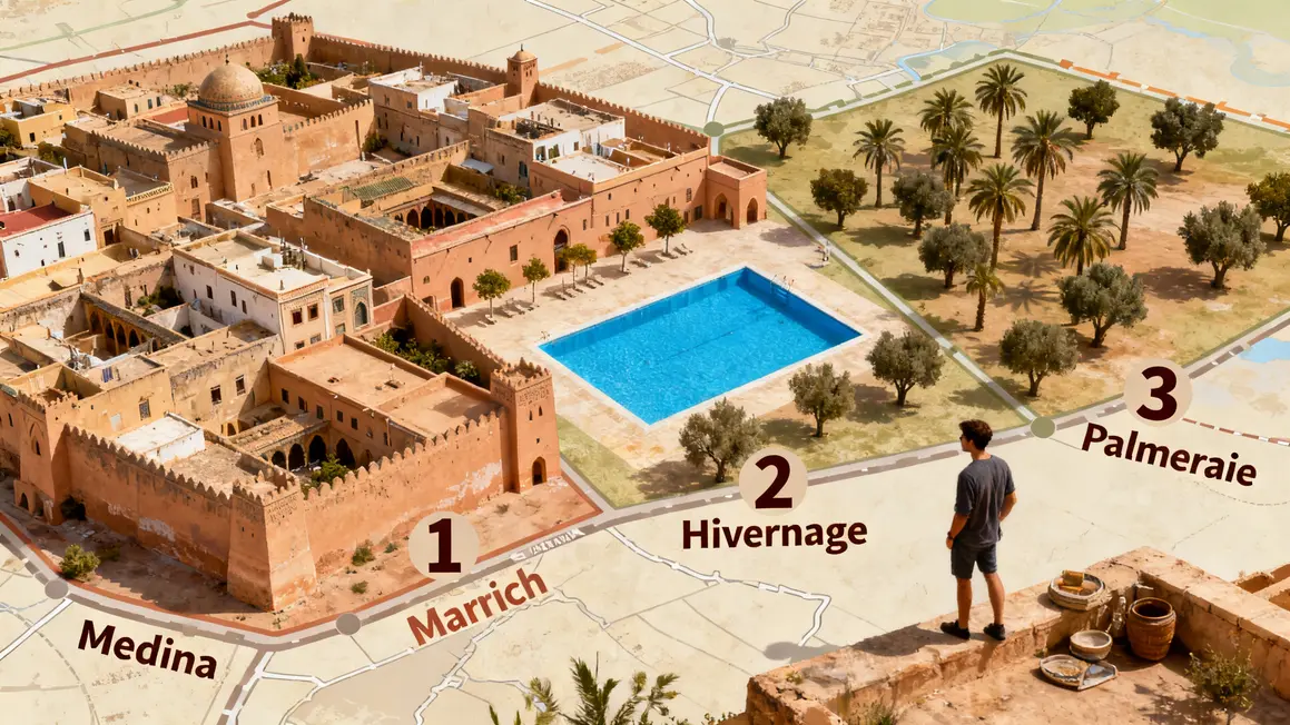 Carte quartiers Medina Hivernage Palmeraie piscine Marrakech