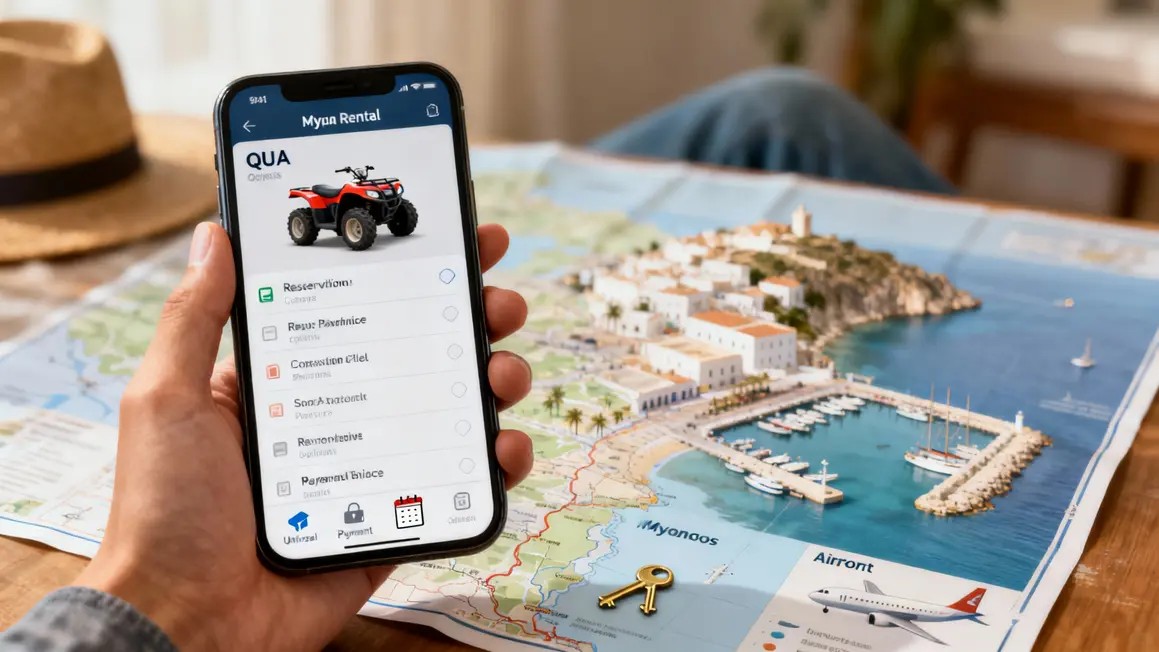 Main tenant smartphone réservation quad à Mykonos, carte, icônes
