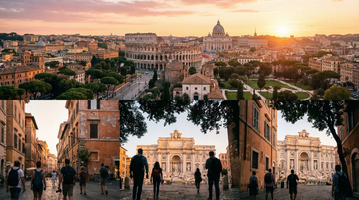 Vue panoramique Rome lever du jour monuments et touristes