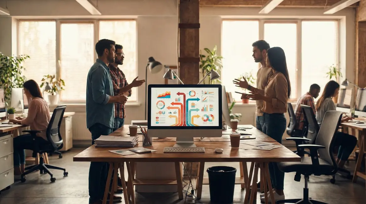 Tableau de conversion coloré dynamique avec équipe en réunion