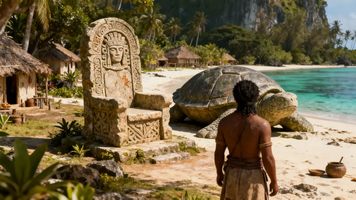 Trône pierre et tortue légendaire près du nombril de Mataiva