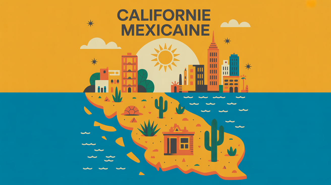 Illustration stylisée californie mexicaine péninsule désertique et urbaine