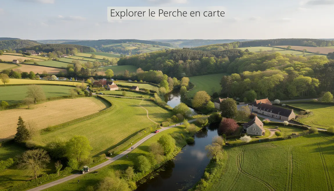 Vue aérienne printanière du Perche avec bocage, villages et forêt