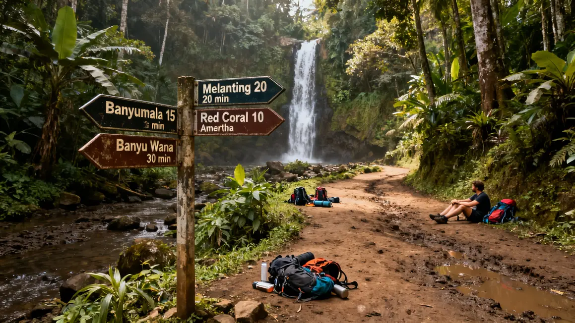 Cascades Munduk Bali panneaux sentiers randonnée