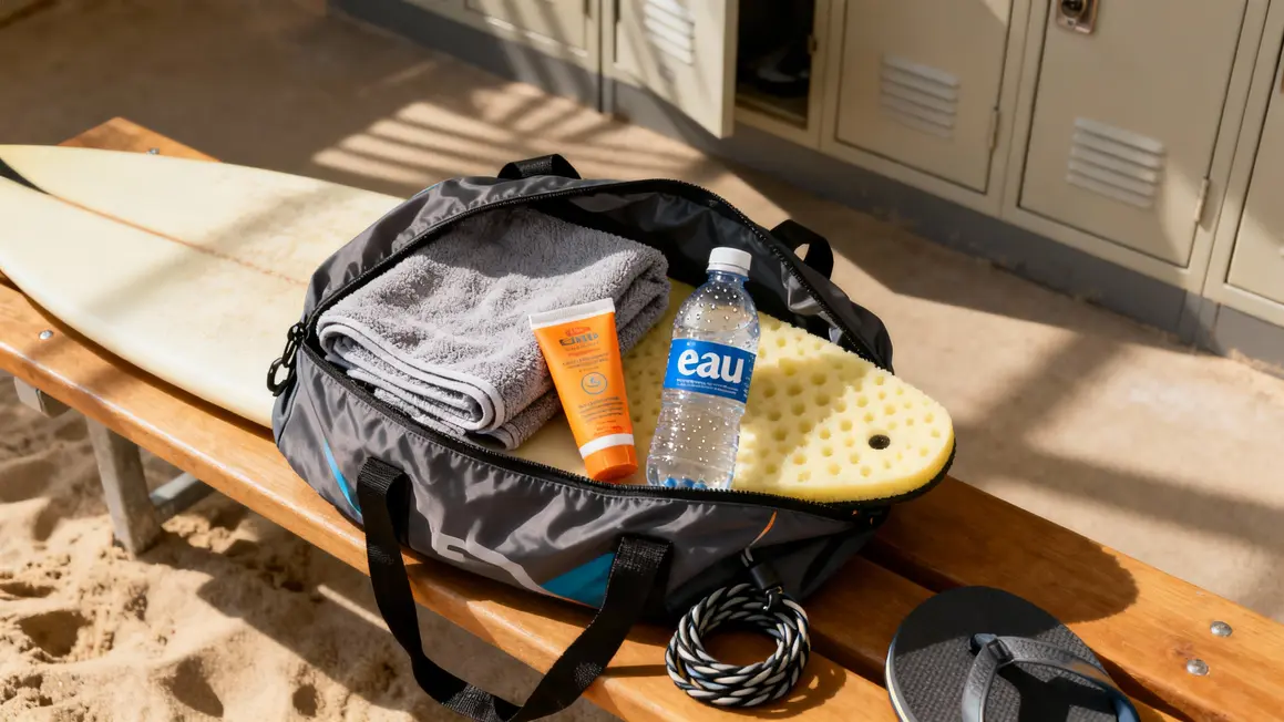 Sac surf debutant Hawaii lycra, creme solaire, leash