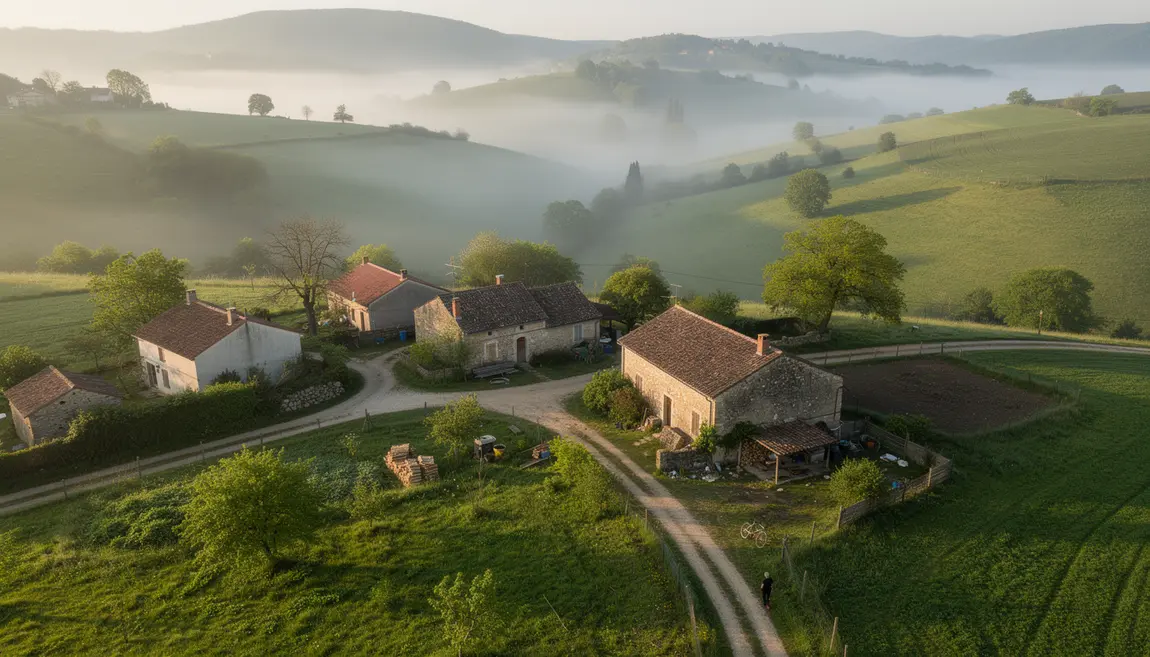 Vue aérienne village La Lloraza Asturies brume collines
