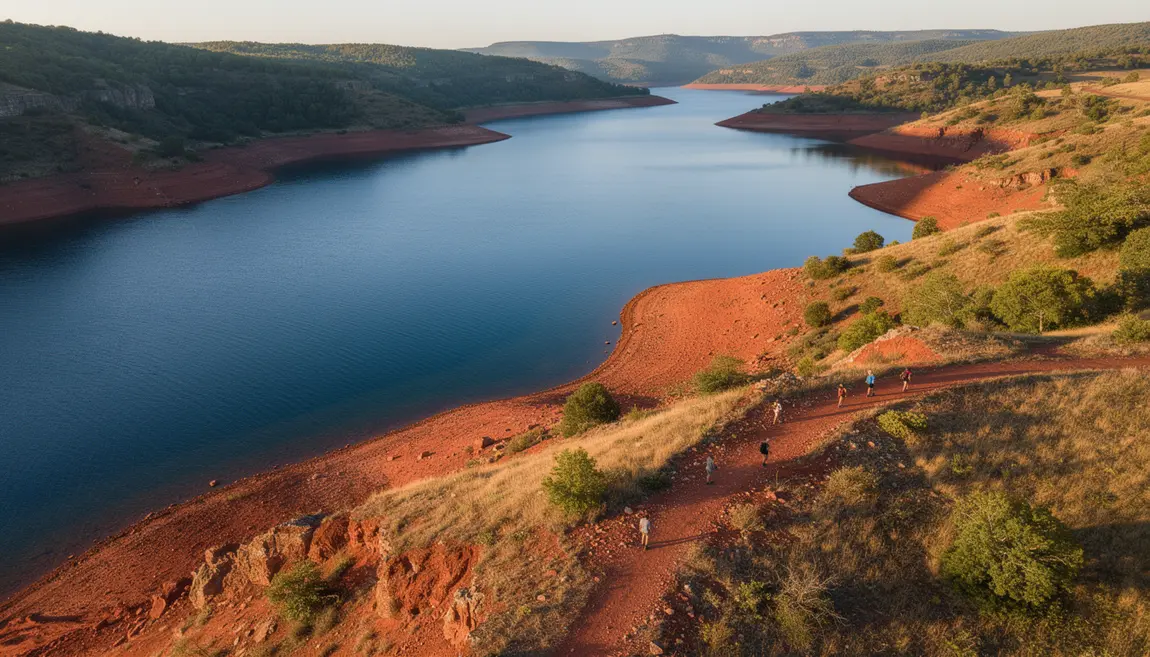 Lac du Salagou ruffes rouges, colline et eau bleue