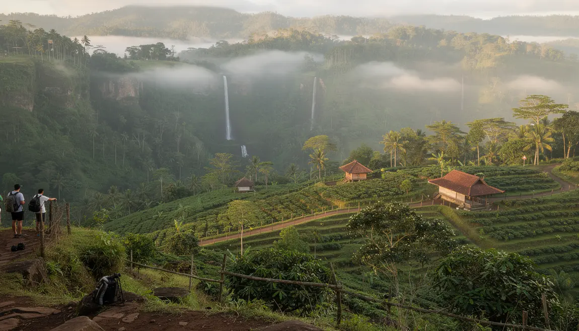 Vue panoramique Munduk Bali forêt plantations cascades