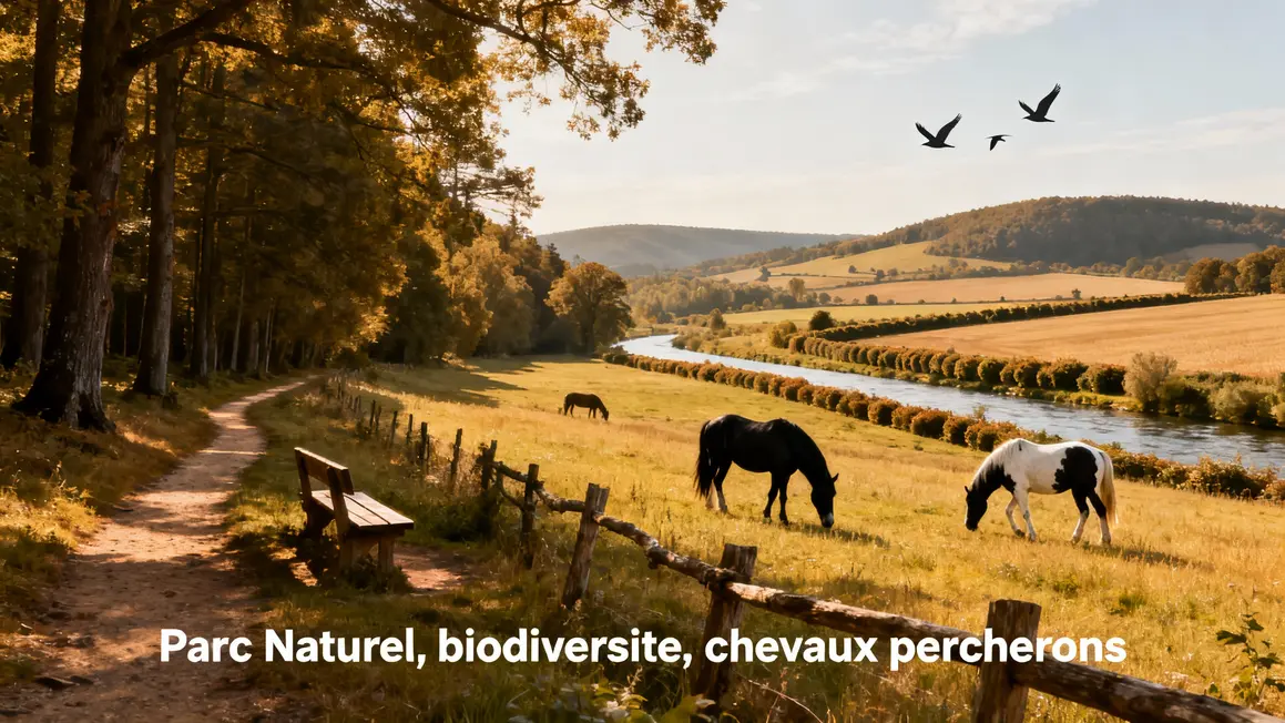 Paysages emblématiques du Perche avec chevaux percherons et forêts