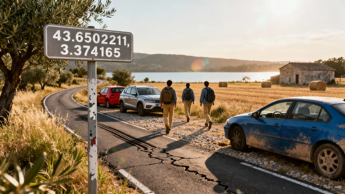 Route lac du Salagou panneau GPS parking campagne