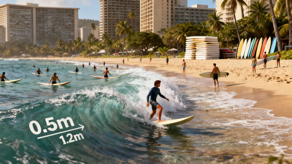 Plage Waikiki, vagues douces, surfeurs debutants