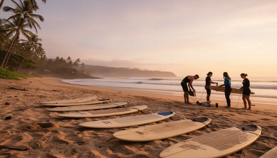 Surfeurs debutants s'equipent lever soleil plage Hawaii