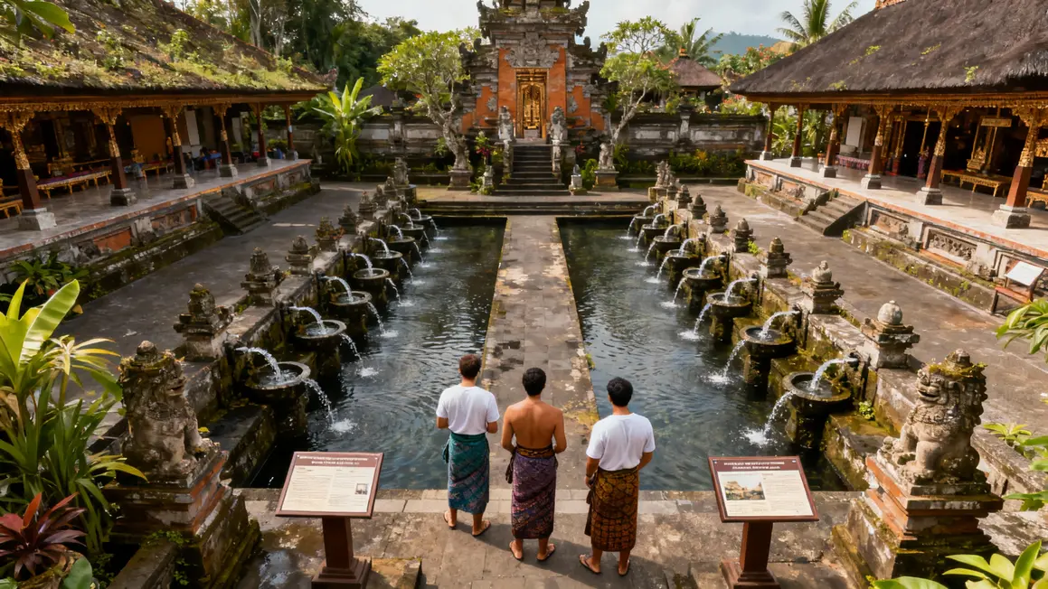 Architecture Tirta Empul Bali, fontaines purification, visiteurs sarong