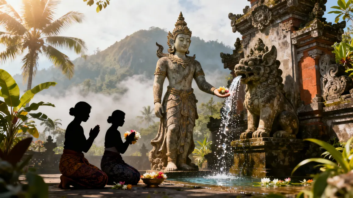 Dieu Indra source sacrée Tirta Empul, fidèles sarong rituels Bali