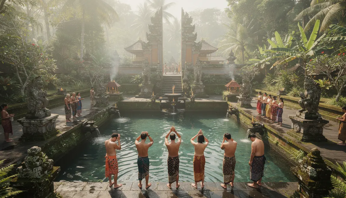 Temple Tirta Empul Bali, bassins de purification et visiteurs en sarong