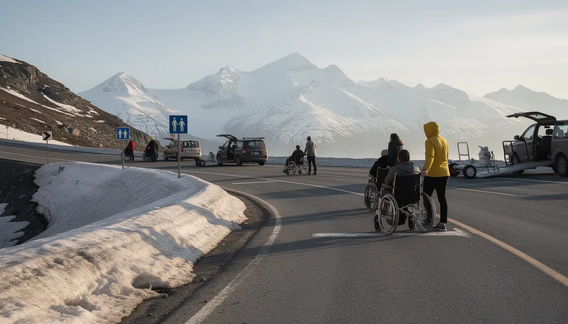 Paysage Alaska route accessible silhouettes fauteuil roulant