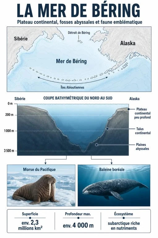 Infographie sur la biodiversité et la géographie de la mer de Béring