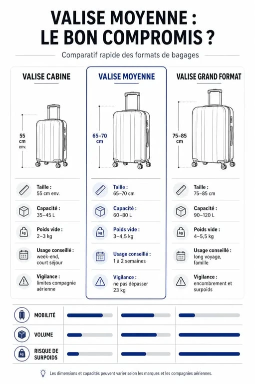 Valise moyenne : infographie comparative entre cabine, moyenne et grand format