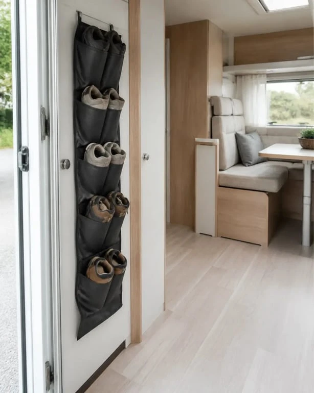 Rangement chaussure camping car dans un organiseur suspendu près de la porte