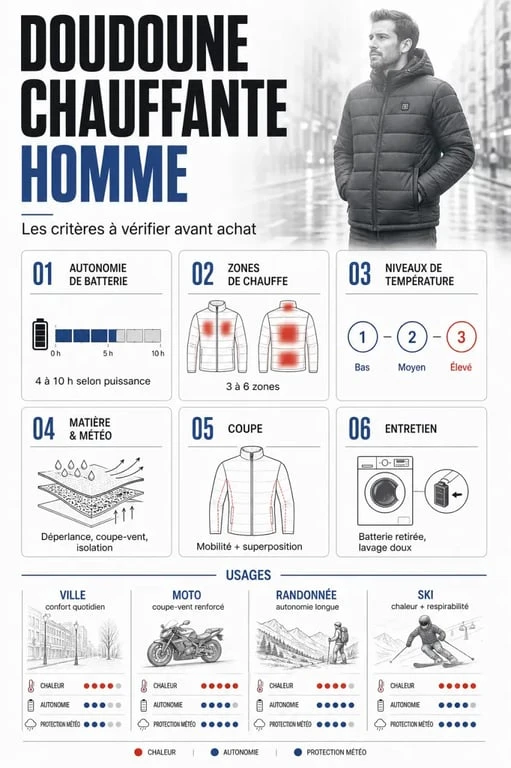 Doudoune chauffante homme : comparatif visuel des critères d’achat et des usages