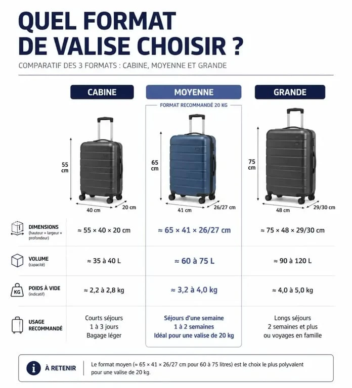 Infographie valise 20 kg dimensions et comparaison des formats cabine, moyenne et grande