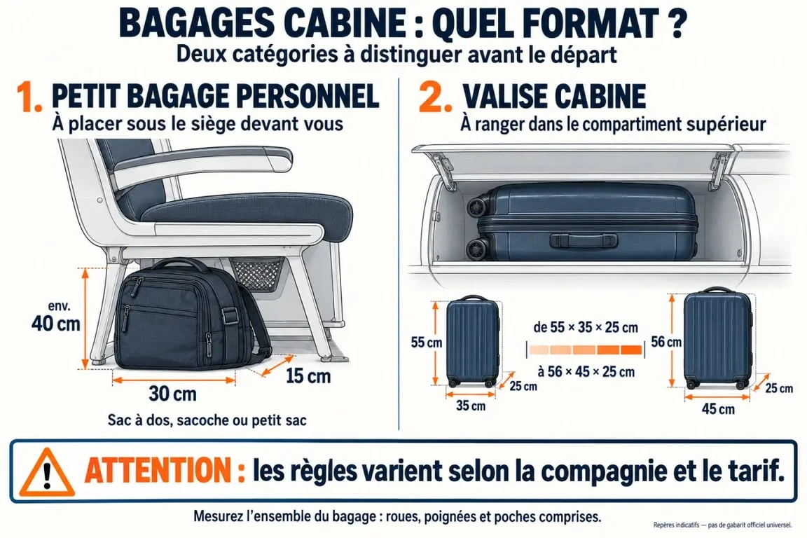 Infographie sur le format d'une valise cabine et les dimensions du bagage personnel