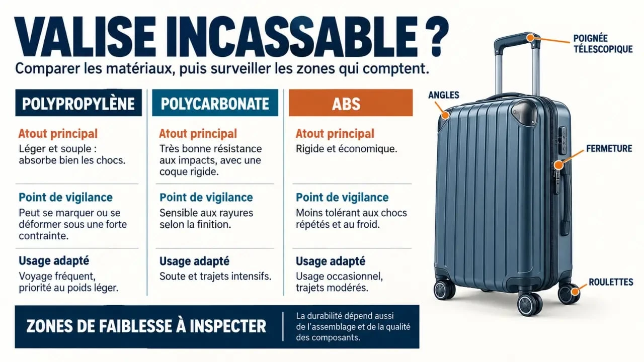 Infographie comparative sur les matériaux d’une valise incassable et ses zones de faiblesse