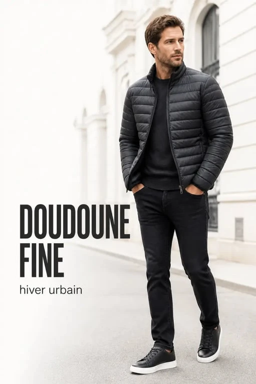 Doudoune fine pour homme portée en ville avec coupe ajustée et silhouette nette