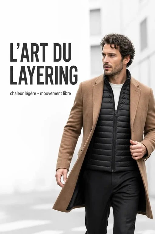 Doudoune fine pour homme portée en superposition sous un manteau pour le layering
