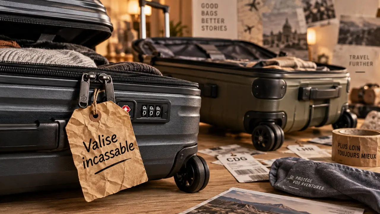 Valise incassable ouverte : polycarbonate et polypropylène, roues et poignée